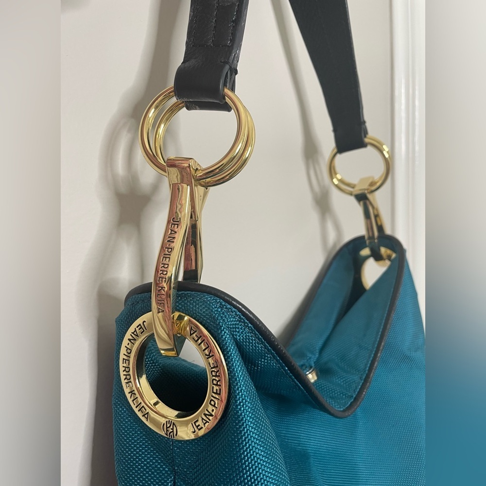 JPK Paris 75 aquamarine or blue nylon hobo bucket shoulder bag with gold-tone - Picture 2 of 8
